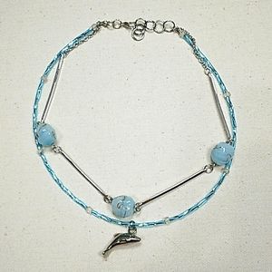 Handmade glass bead blue and silver necklace and small studs